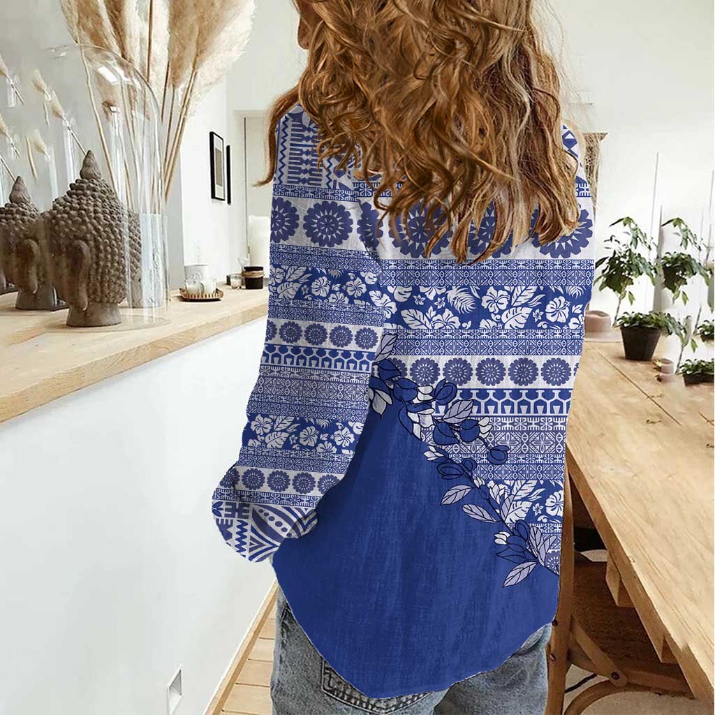 Fiji Marau na Kerisimasi Women Casual Shirt Blue Tagimoucia Tapa Masi Tribal LT9 - Polynesian Pride