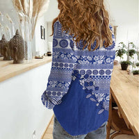 Fiji Marau na Kerisimasi Women Casual Shirt Blue Tagimoucia Tapa Masi Tribal LT9 - Polynesian Pride