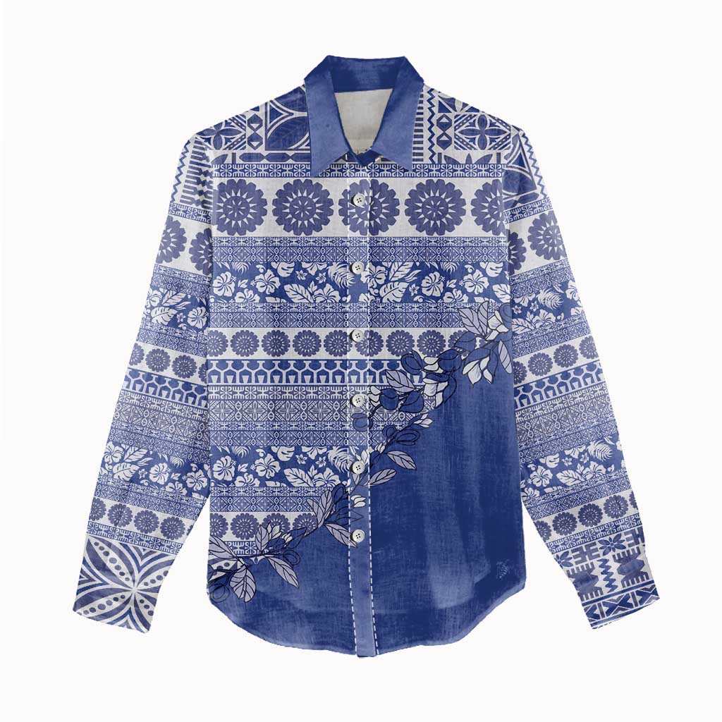 Fiji Marau na Kerisimasi Women Casual Shirt Blue Tagimoucia Tapa Masi Tribal LT9 - Polynesian Pride