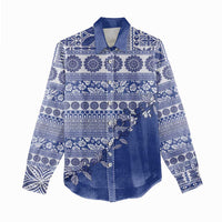 Fiji Marau na Kerisimasi Women Casual Shirt Blue Tagimoucia Tapa Masi Tribal LT9 - Polynesian Pride