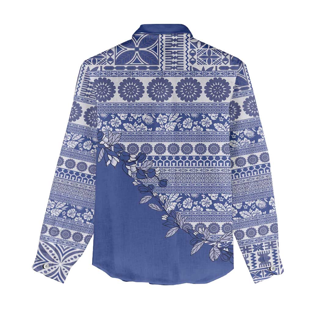 Fiji Marau na Kerisimasi Women Casual Shirt Blue Tagimoucia Tapa Masi Tribal LT9 - Polynesian Pride
