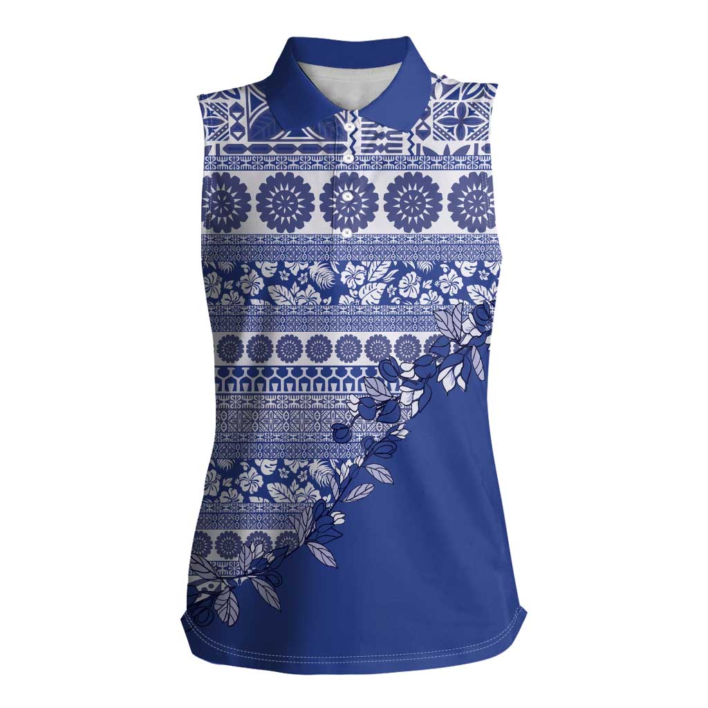 Fiji Marau na Kerisimasi Women Sleeveless Polo Shirt Blue Tagimoucia Tapa Masi Tribal LT9 Female Blue - Polynesian Pride
