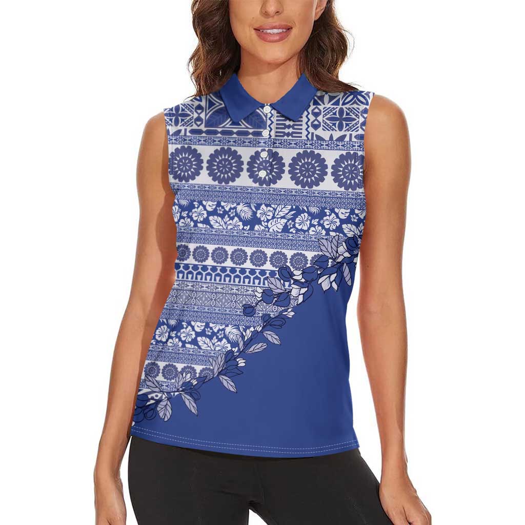 Fiji Marau na Kerisimasi Women Sleeveless Polo Shirt Blue Tagimoucia Tapa Masi Tribal LT9 - Polynesian Pride