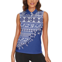 Fiji Marau na Kerisimasi Women Sleeveless Polo Shirt Blue Tagimoucia Tapa Masi Tribal LT9 - Polynesian Pride