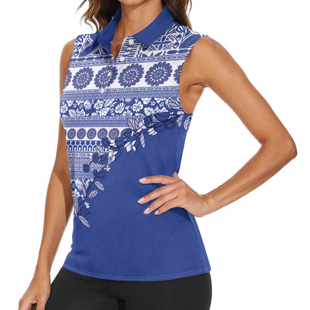 Fiji Marau na Kerisimasi Women Sleeveless Polo Shirt Blue Tagimoucia Tapa Masi Tribal LT9 - Polynesian Pride