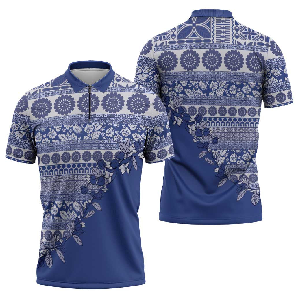 Fiji Marau na Kerisimasi Zipper Polo Shirt Blue Tagimoucia Tapa Masi Tribal - Polynesian Pride