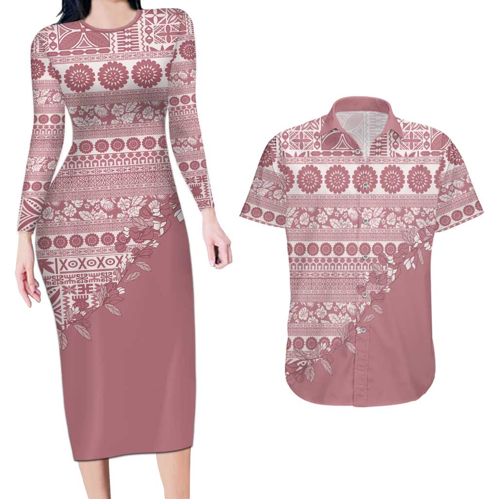 Fiji Marau na Kerisimasi Couples Matching Long Sleeve Bodycon Dress and Hawaiian Shirt Dusty Rose Tagimoucia Tapa Masi Tribal LT9 Pink - Polynesian Pride