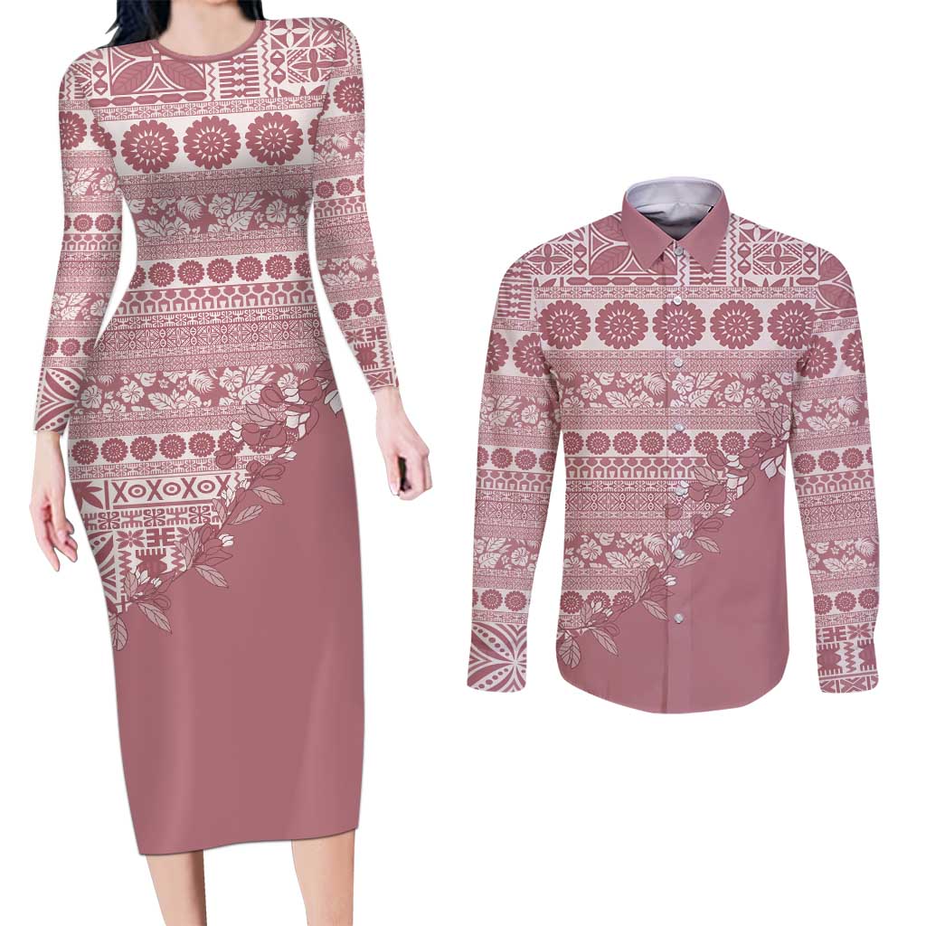 Fiji Marau na Kerisimasi Couples Matching Long Sleeve Bodycon Dress and Long Sleeve Button Shirt Dusty Rose Tagimoucia Tapa Masi Tribal LT9 Pink - Polynesian Pride