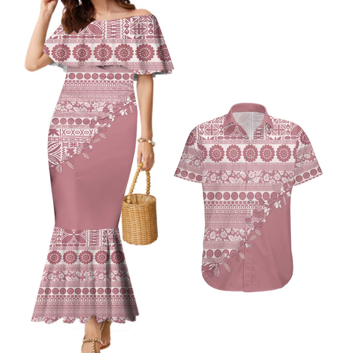 Fiji Marau na Kerisimasi Couples Matching Mermaid Dress and Hawaiian Shirt Dusty Rose Tagimoucia Tapa Masi Tribal LT9 Pink - Polynesian Pride