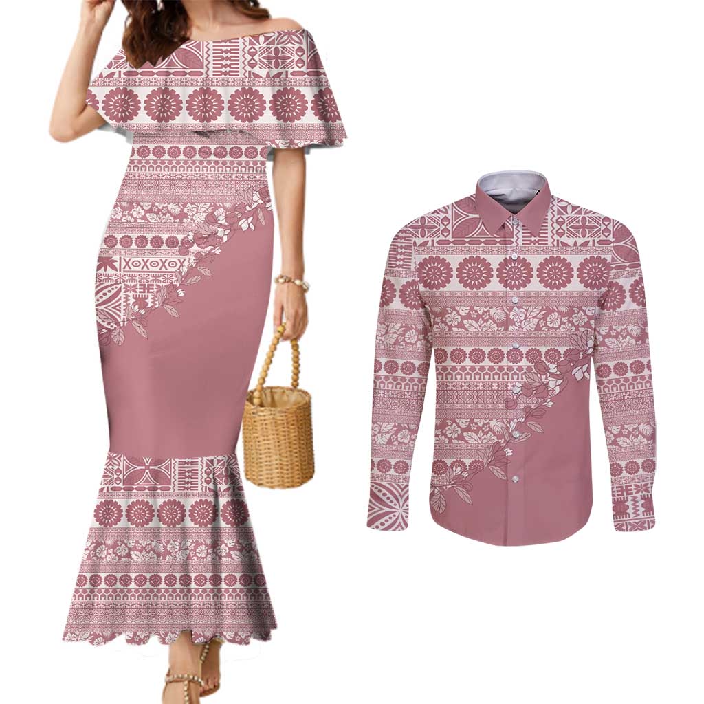 Fiji Marau na Kerisimasi Couples Matching Mermaid Dress and Long Sleeve Button Shirt Dusty Rose Tagimoucia Tapa Masi Tribal LT9 Pink - Polynesian Pride