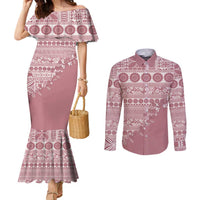 Fiji Marau na Kerisimasi Couples Matching Mermaid Dress and Long Sleeve Button Shirt Dusty Rose Tagimoucia Tapa Masi Tribal LT9 Pink - Polynesian Pride