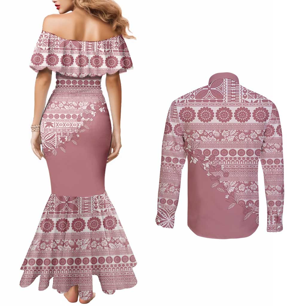 Fiji Marau na Kerisimasi Couples Matching Mermaid Dress and Long Sleeve Button Shirt Dusty Rose Tagimoucia Tapa Masi Tribal LT9 - Polynesian Pride