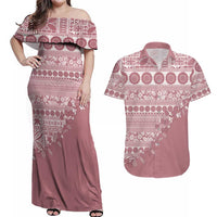 Fiji Marau na Kerisimasi Couples Matching Off Shoulder Maxi Dress and Hawaiian Shirt Dusty Rose Tagimoucia Tapa Masi Tribal LT9 Pink - Polynesian Pride