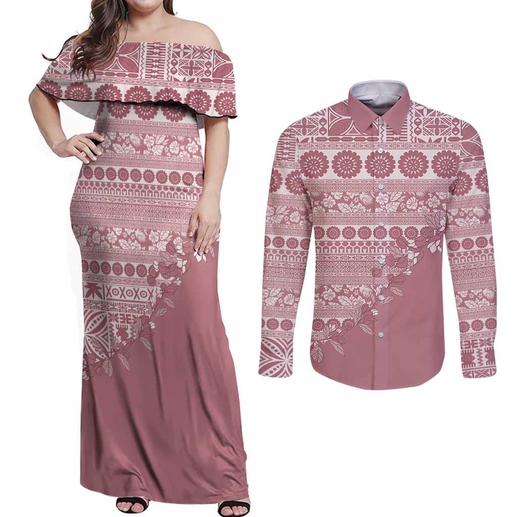 Fiji Marau na Kerisimasi Couples Matching Off Shoulder Maxi Dress and Long Sleeve Button Shirt Dusty Rose Tagimoucia Tapa Masi Tribal LT9 Pink - Polynesian Pride