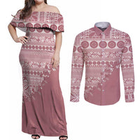 Fiji Marau na Kerisimasi Couples Matching Off Shoulder Maxi Dress and Long Sleeve Button Shirt Dusty Rose Tagimoucia Tapa Masi Tribal LT9 Pink - Polynesian Pride