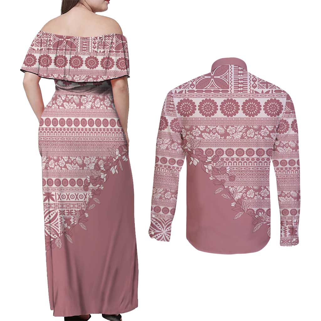 Fiji Marau na Kerisimasi Couples Matching Off Shoulder Maxi Dress and Long Sleeve Button Shirt Dusty Rose Tagimoucia Tapa Masi Tribal LT9 - Polynesian Pride
