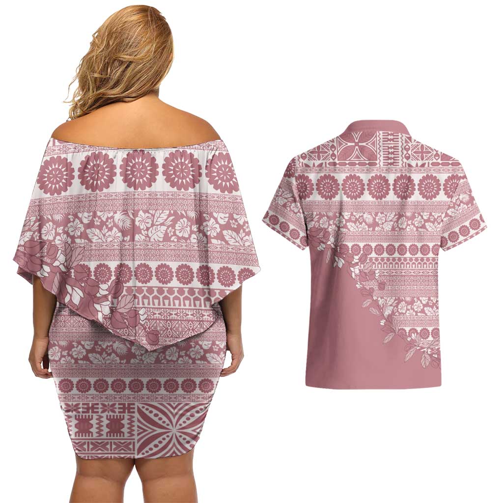 Fiji Marau na Kerisimasi Couples Matching Off Shoulder Short Dress and Hawaiian Shirt Dusty Rose Tagimoucia Tapa Masi Tribal LT9 - Polynesian Pride