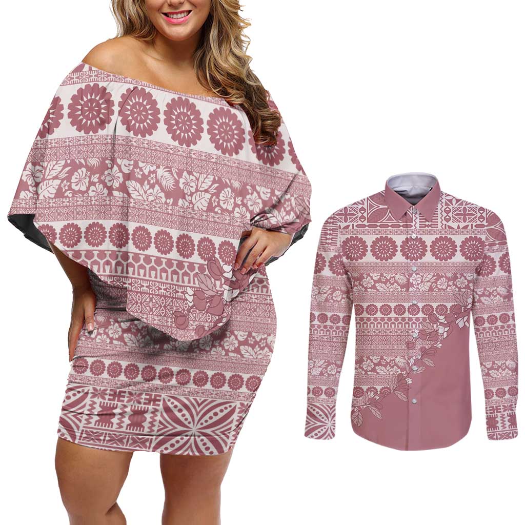 Fiji Marau na Kerisimasi Couples Matching Off Shoulder Short Dress and Long Sleeve Button Shirt Dusty Rose Tagimoucia Tapa Masi Tribal LT9 Pink - Polynesian Pride