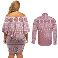 Fiji Marau na Kerisimasi Couples Matching Off Shoulder Short Dress and Long Sleeve Button Shirt Dusty Rose Tagimoucia Tapa Masi Tribal LT9 - Polynesian Pride