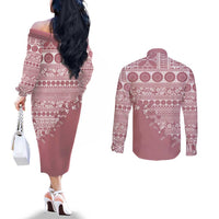 Fiji Marau na Kerisimasi Couples Matching Off The Shoulder Long Sleeve Dress and Long Sleeve Button Shirt Dusty Rose Tagimoucia Tapa Masi Tribal LT9 - Polynesian Pride