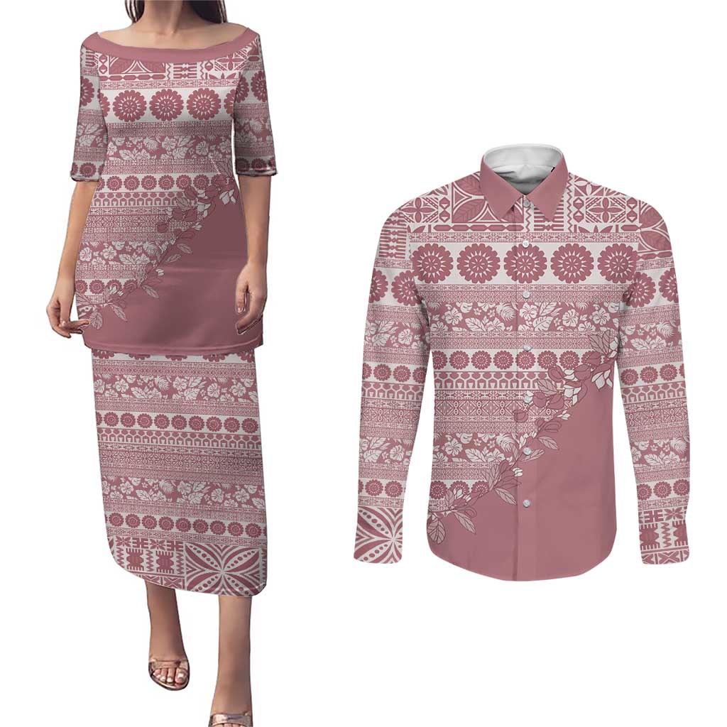 Fiji Marau na Kerisimasi Couples Matching Puletasi and Long Sleeve Button Shirt Dusty Rose Tagimoucia Tapa Masi Tribal - Polynesian Pride
