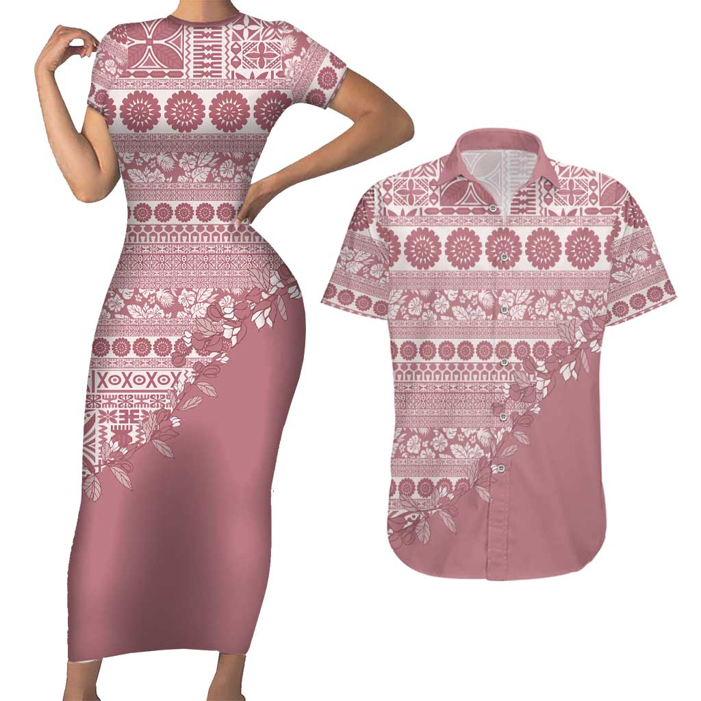 Fiji Marau na Kerisimasi Couples Matching Short Sleeve Bodycon Dress and Hawaiian Shirt Dusty Rose Tagimoucia Tapa Masi Tribal LT9 Pink - Polynesian Pride