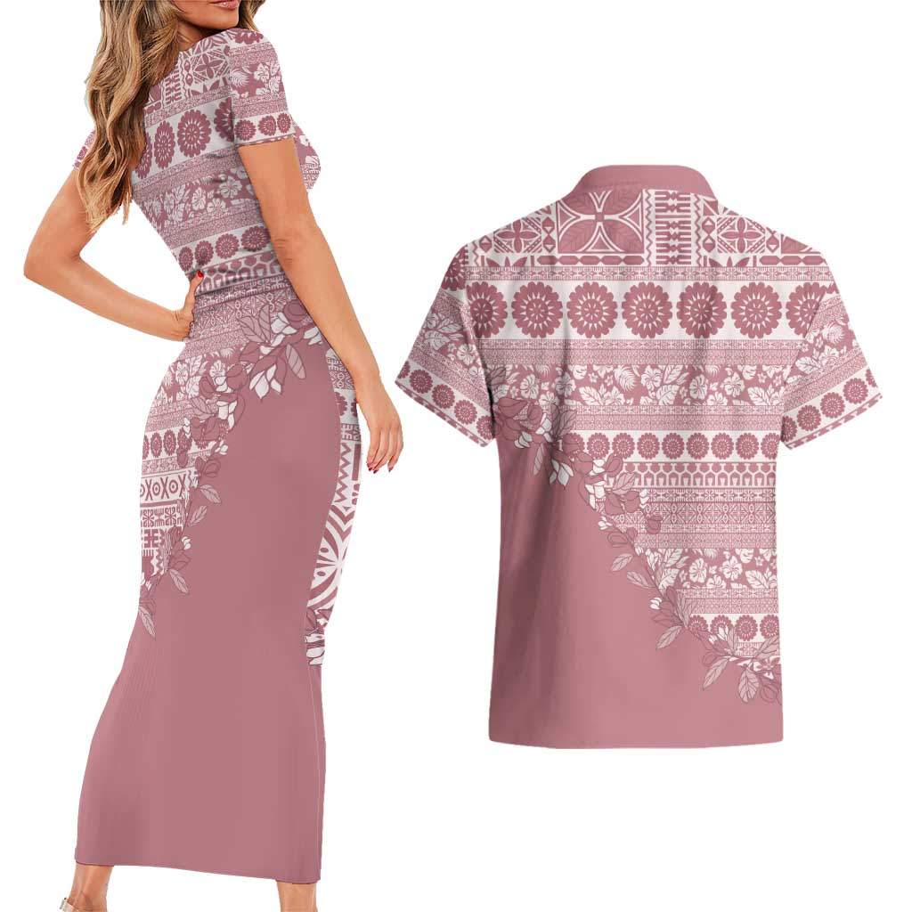 Fiji Marau na Kerisimasi Couples Matching Short Sleeve Bodycon Dress and Hawaiian Shirt Dusty Rose Tagimoucia Tapa Masi Tribal LT9 - Polynesian Pride