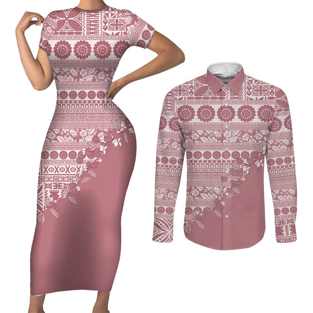 Fiji Marau na Kerisimasi Couples Matching Short Sleeve Bodycon Dress and Long Sleeve Button Shirt Dusty Rose Tagimoucia Tapa Masi Tribal - Polynesian Pride