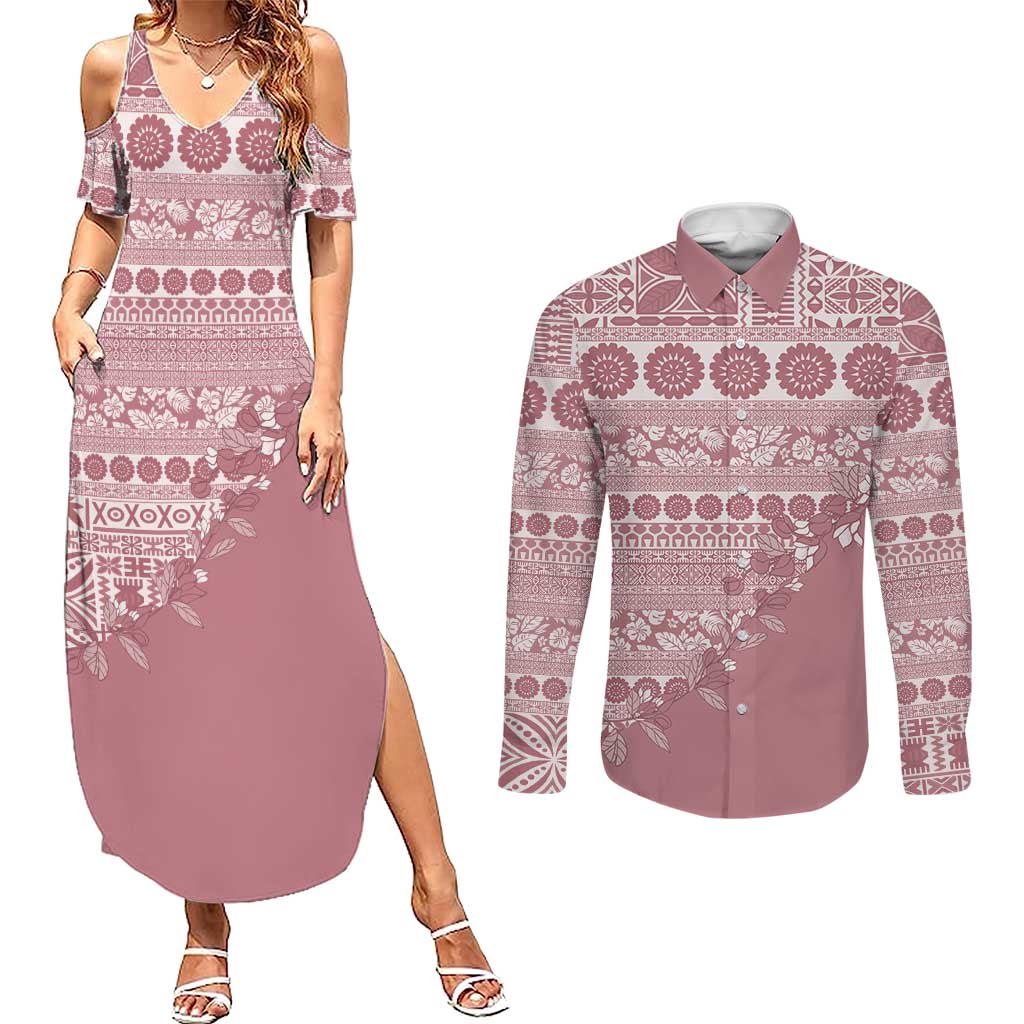 Fiji Marau na Kerisimasi Couples Matching Summer Maxi Dress and Long Sleeve Button Shirt Dusty Rose Tagimoucia Tapa Masi Tribal - Polynesian Pride