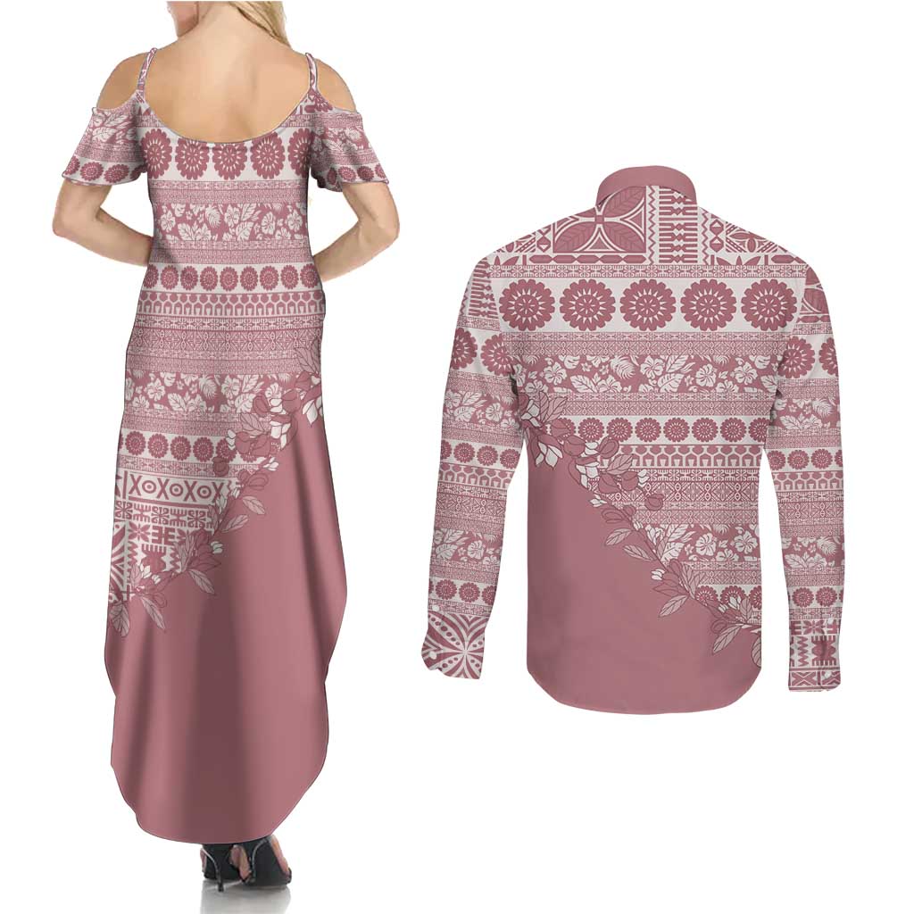 Fiji Marau na Kerisimasi Couples Matching Summer Maxi Dress and Long Sleeve Button Shirt Dusty Rose Tagimoucia Tapa Masi Tribal LT9 - Polynesian Pride