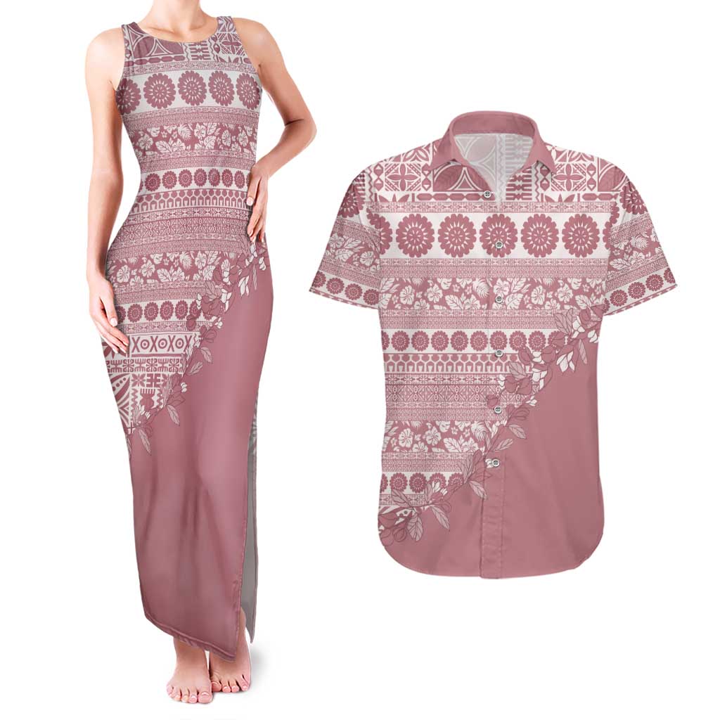 Fiji Marau na Kerisimasi Couples Matching Tank Maxi Dress and Hawaiian Shirt Dusty Rose Tagimoucia Tapa Masi Tribal - Polynesian Pride