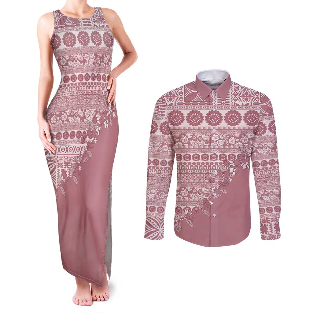 Fiji Marau na Kerisimasi Couples Matching Tank Maxi Dress and Long Sleeve Button Shirt Dusty Rose Tagimoucia Tapa Masi Tribal LT9 Pink - Polynesian Pride