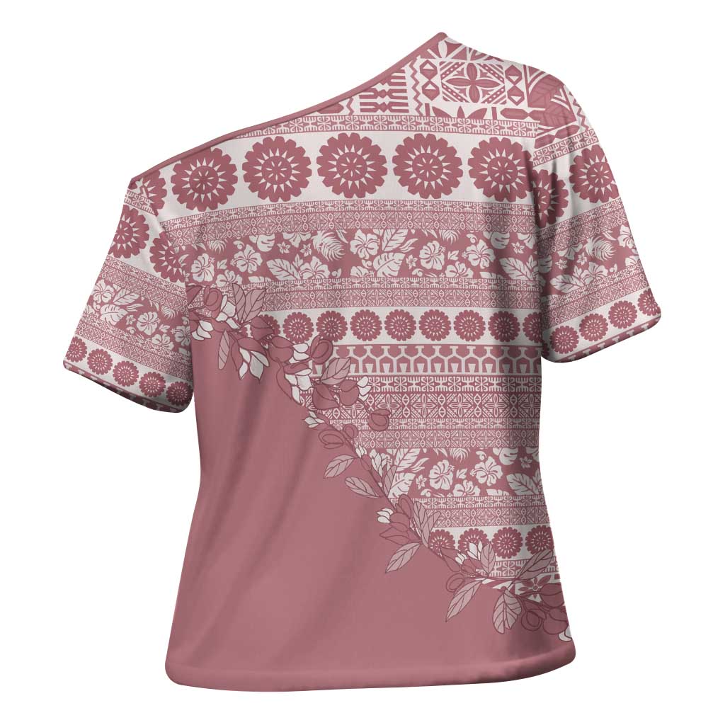 Fiji Marau na Kerisimasi Cross Shoulder Shirt Dusty Rose Tagimoucia Tapa Masi Tribal - Polynesian Pride