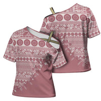 Fiji Marau na Kerisimasi Cross Shoulder Shirt Dusty Rose Tagimoucia Tapa Masi Tribal - Polynesian Pride