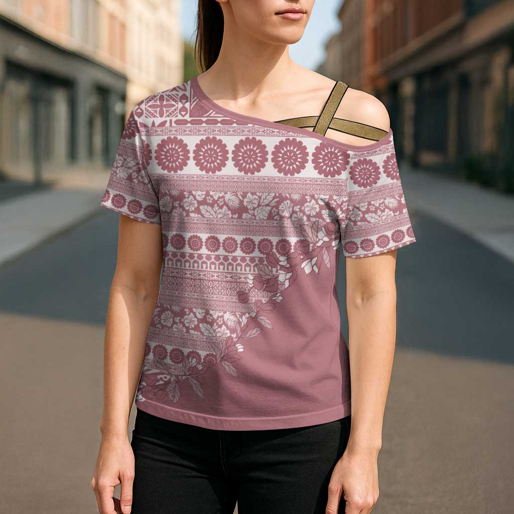 Fiji Marau na Kerisimasi Cross Shoulder Shirt Dusty Rose Tagimoucia Tapa Masi Tribal - Polynesian Pride