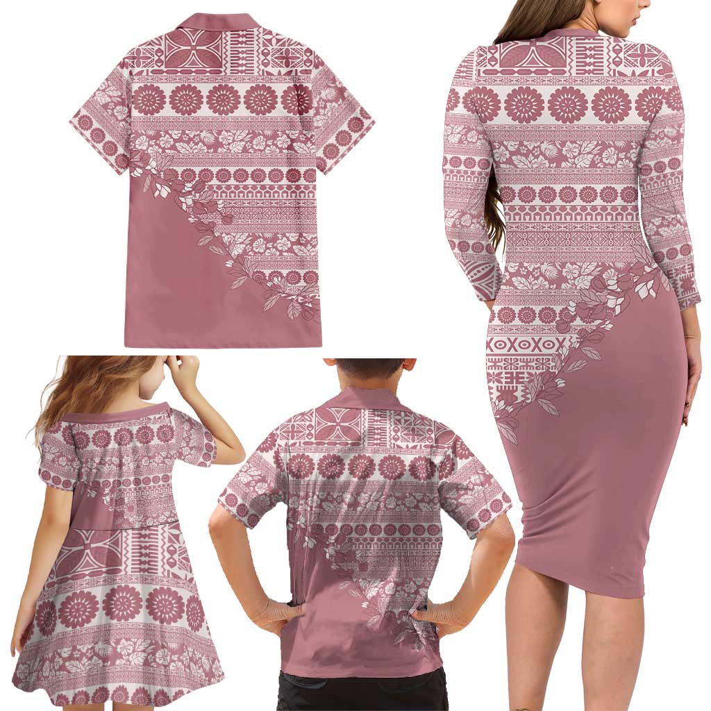 Fiji Marau na Kerisimasi Family Matching Long Sleeve Bodycon Dress and Hawaiian Shirt Dusty Rose Tagimoucia Tapa Masi Tribal LT9 - Polynesian Pride