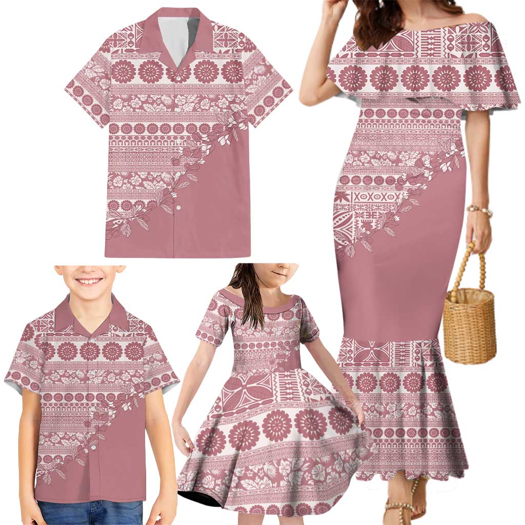 Fiji Marau na Kerisimasi Family Matching Mermaid Dress and Hawaiian Shirt Dusty Rose Tagimoucia Tapa Masi Tribal - Polynesian Pride