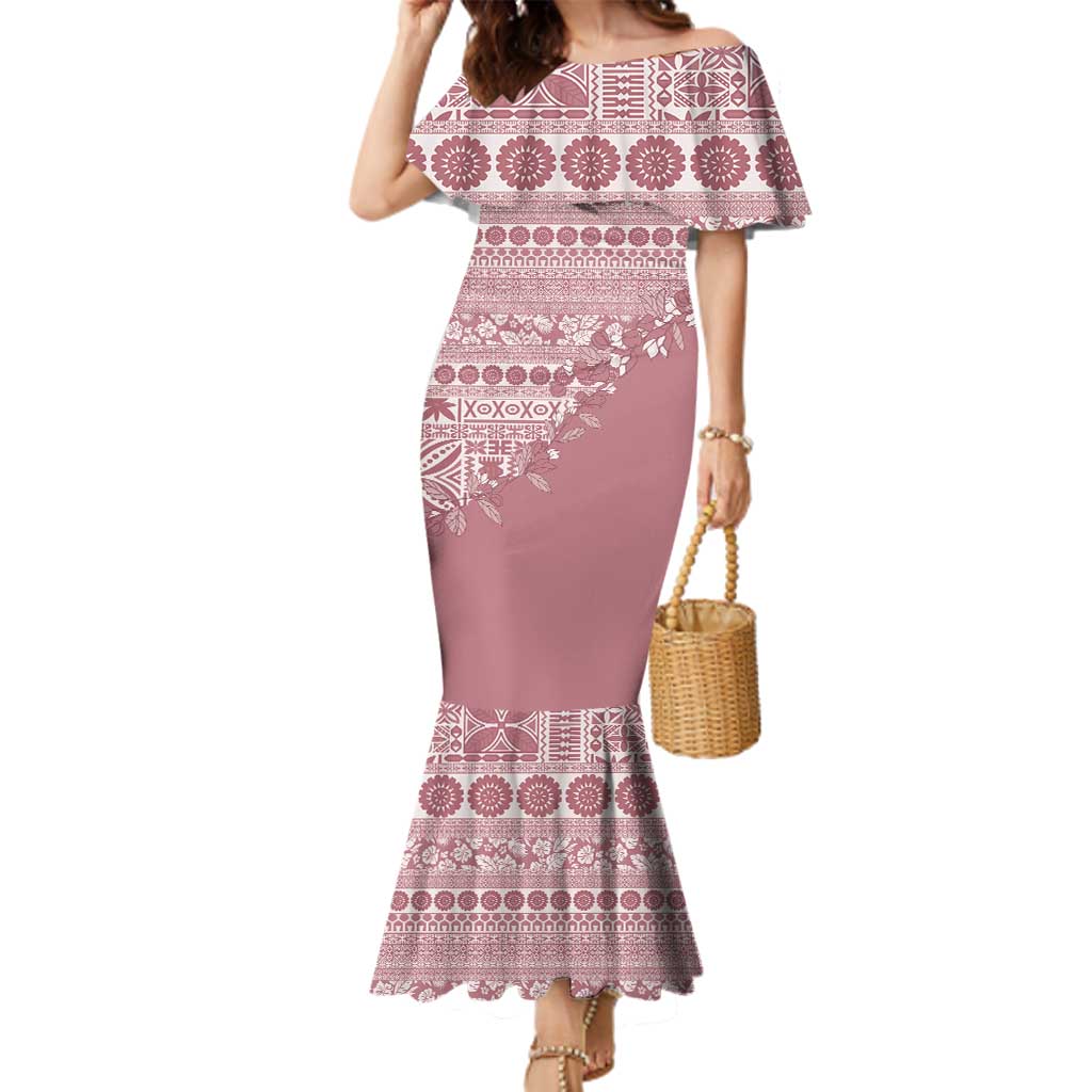 Fiji Marau na Kerisimasi Family Matching Mermaid Dress and Hawaiian Shirt Dusty Rose Tagimoucia Tapa Masi Tribal LT9 Mom's Dress Pink - Polynesian Pride