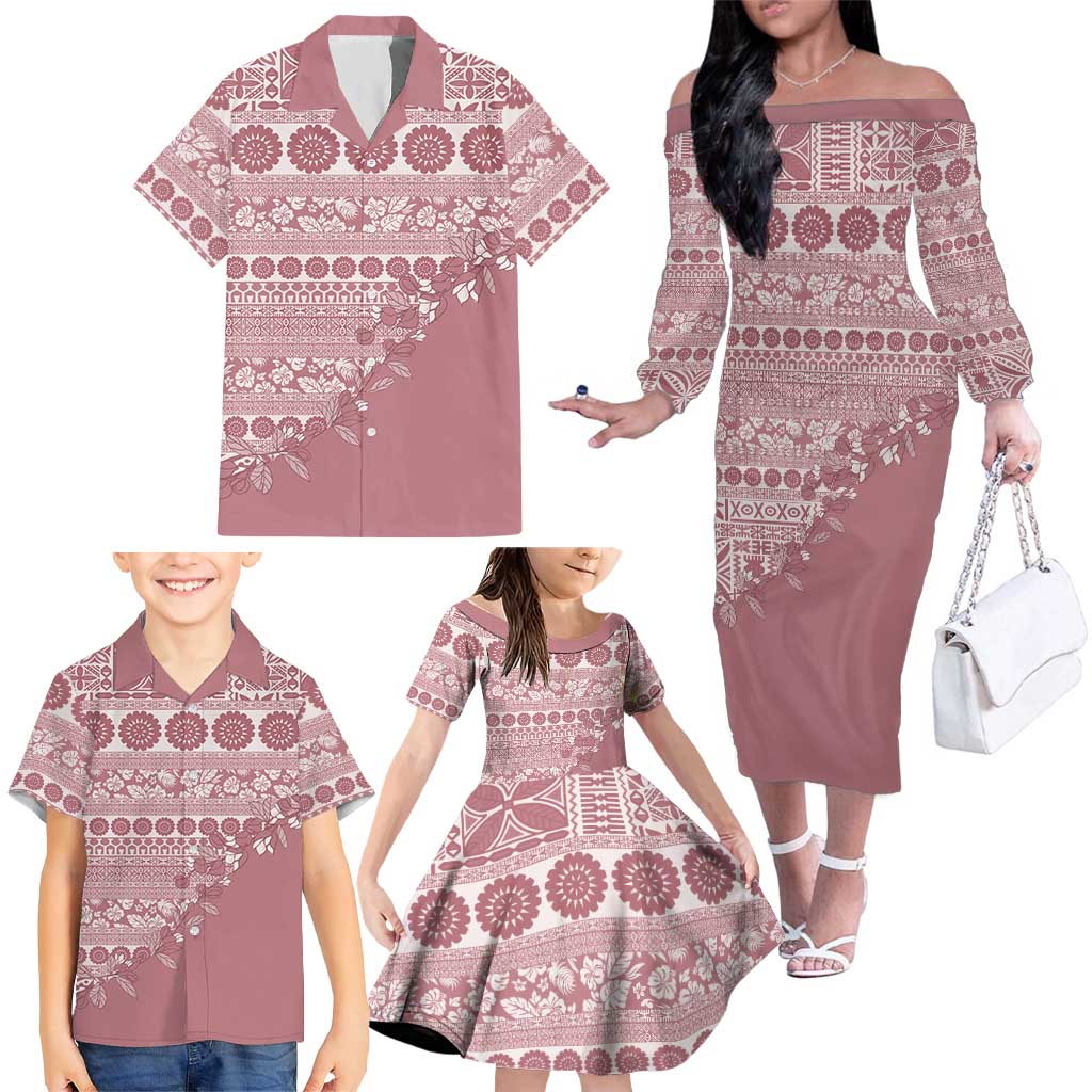 Fiji Marau na Kerisimasi Family Matching Off The Shoulder Long Sleeve Dress and Hawaiian Shirt Dusty Rose Tagimoucia Tapa Masi Tribal - Polynesian Pride