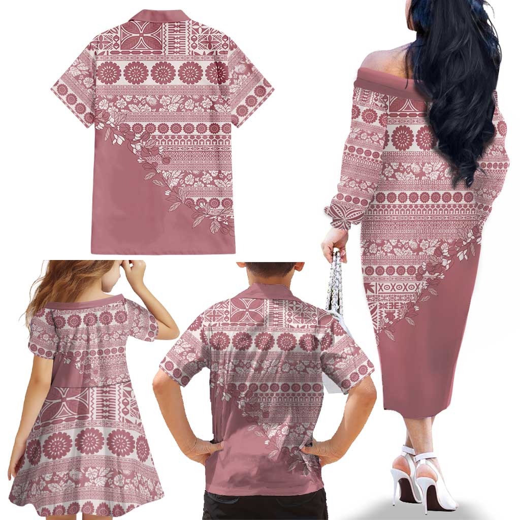 Fiji Marau na Kerisimasi Family Matching Off The Shoulder Long Sleeve Dress and Hawaiian Shirt Dusty Rose Tagimoucia Tapa Masi Tribal LT9 - Polynesian Pride
