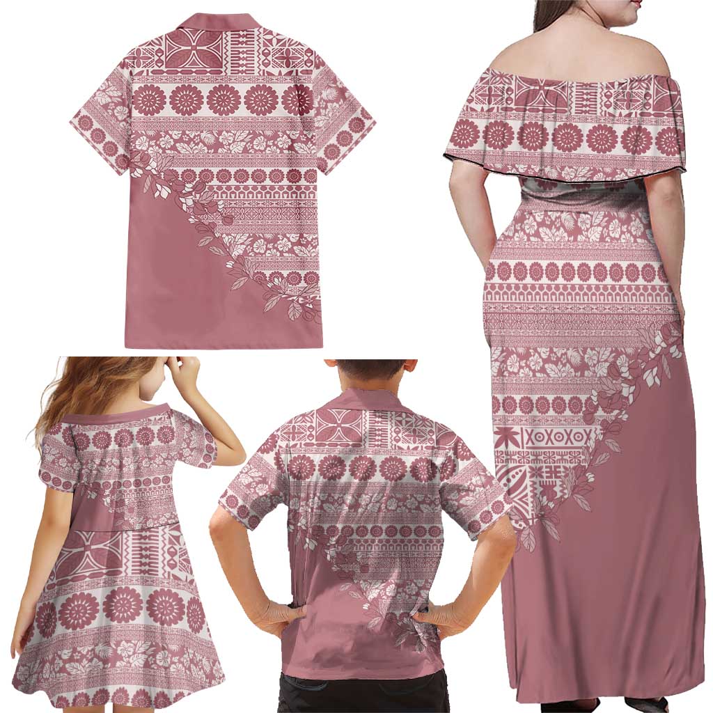 Fiji Marau na Kerisimasi Family Matching Off Shoulder Maxi Dress and Hawaiian Shirt Dusty Rose Tagimoucia Tapa Masi Tribal LT9 - Polynesian Pride