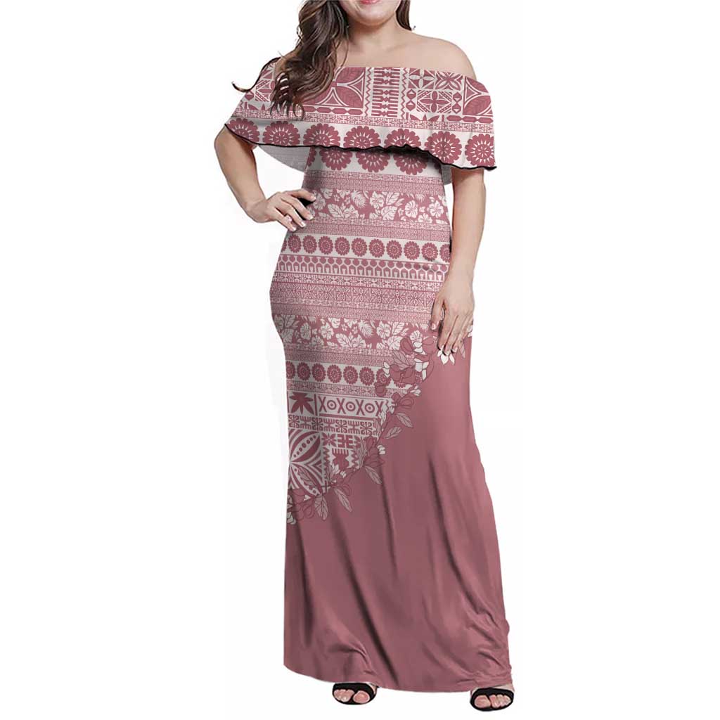 Fiji Marau na Kerisimasi Family Matching Off Shoulder Maxi Dress and Hawaiian Shirt Dusty Rose Tagimoucia Tapa Masi Tribal LT9 Mom's Dress Pink - Polynesian Pride