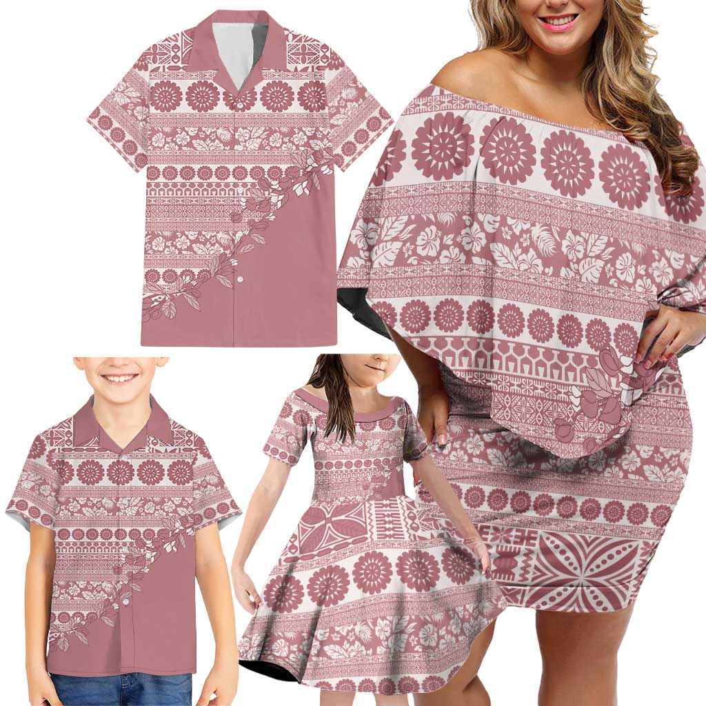 Fiji Marau na Kerisimasi Family Matching Off Shoulder Short Dress and Hawaiian Shirt Dusty Rose Tagimoucia Tapa Masi Tribal - Polynesian Pride
