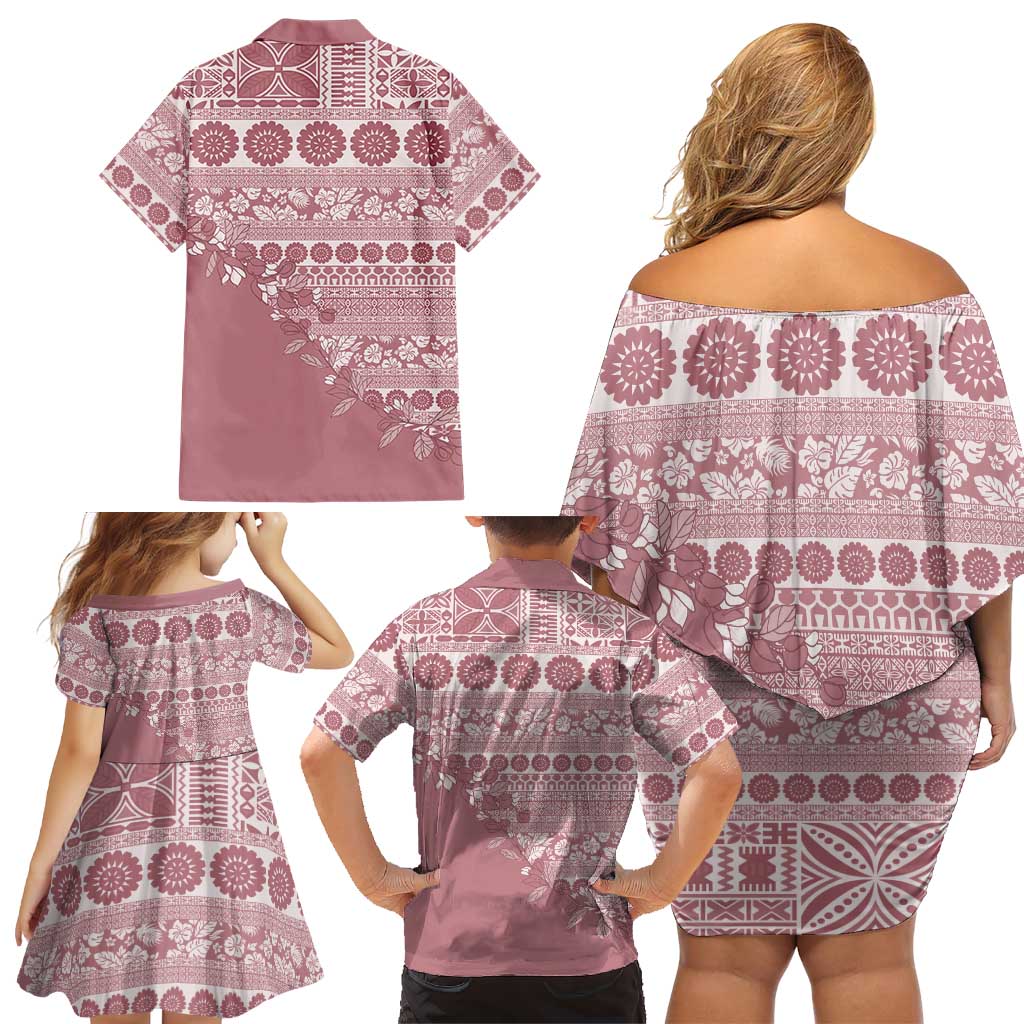 Fiji Marau na Kerisimasi Family Matching Off Shoulder Short Dress and Hawaiian Shirt Dusty Rose Tagimoucia Tapa Masi Tribal LT9 - Polynesian Pride