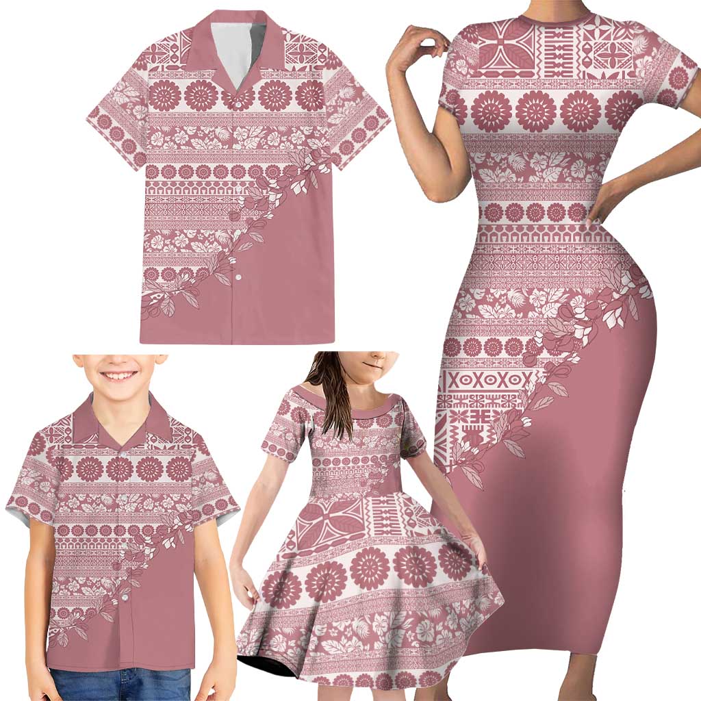 Fiji Marau na Kerisimasi Family Matching Short Sleeve Bodycon Dress and Hawaiian Shirt Dusty Rose Tagimoucia Tapa Masi Tribal LT9 - Polynesian Pride