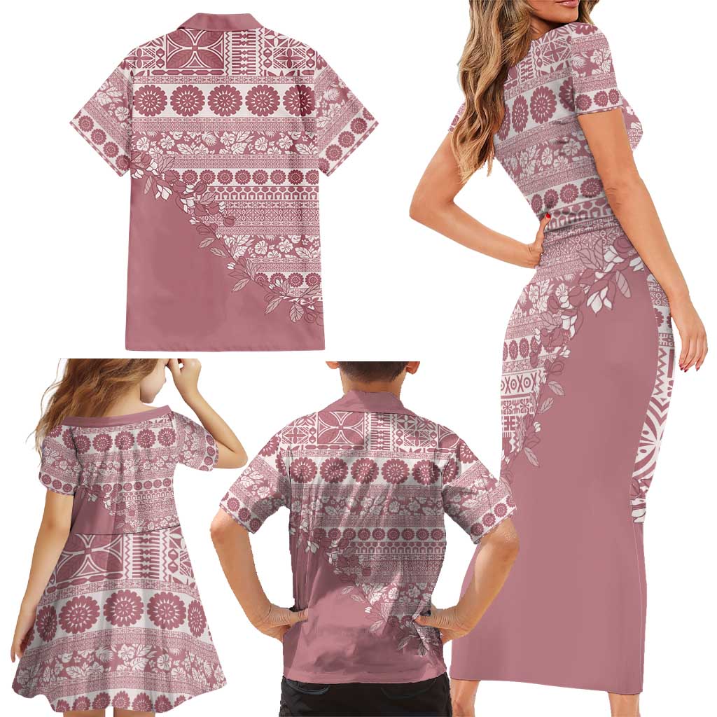 Fiji Marau na Kerisimasi Family Matching Short Sleeve Bodycon Dress and Hawaiian Shirt Dusty Rose Tagimoucia Tapa Masi Tribal LT9 - Polynesian Pride