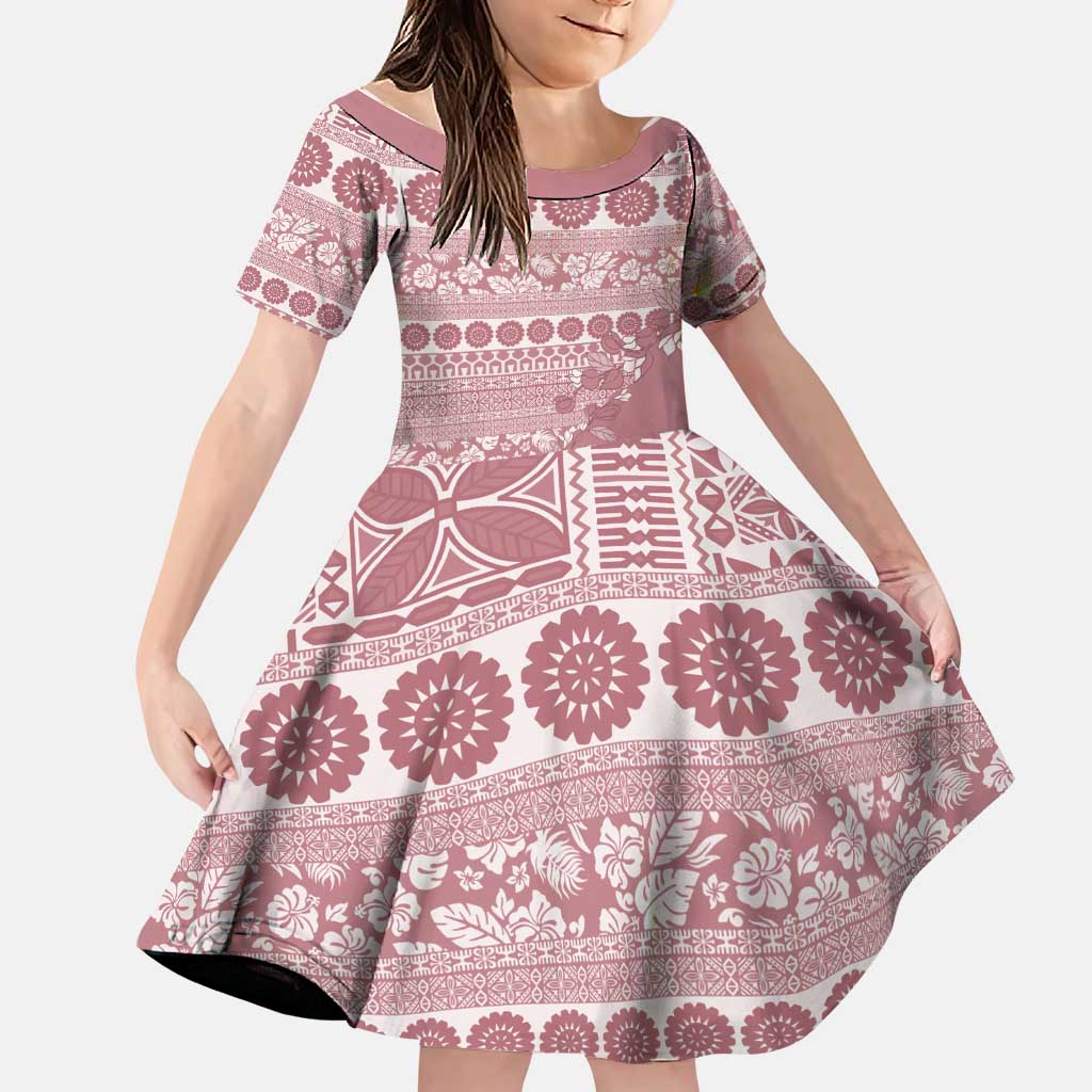 Fiji Marau na Kerisimasi Family Matching Summer Maxi Dress and Hawaiian Shirt Dusty Rose Tagimoucia Tapa Masi Tribal LT9 Daughter's Dress Pink - Polynesian Pride