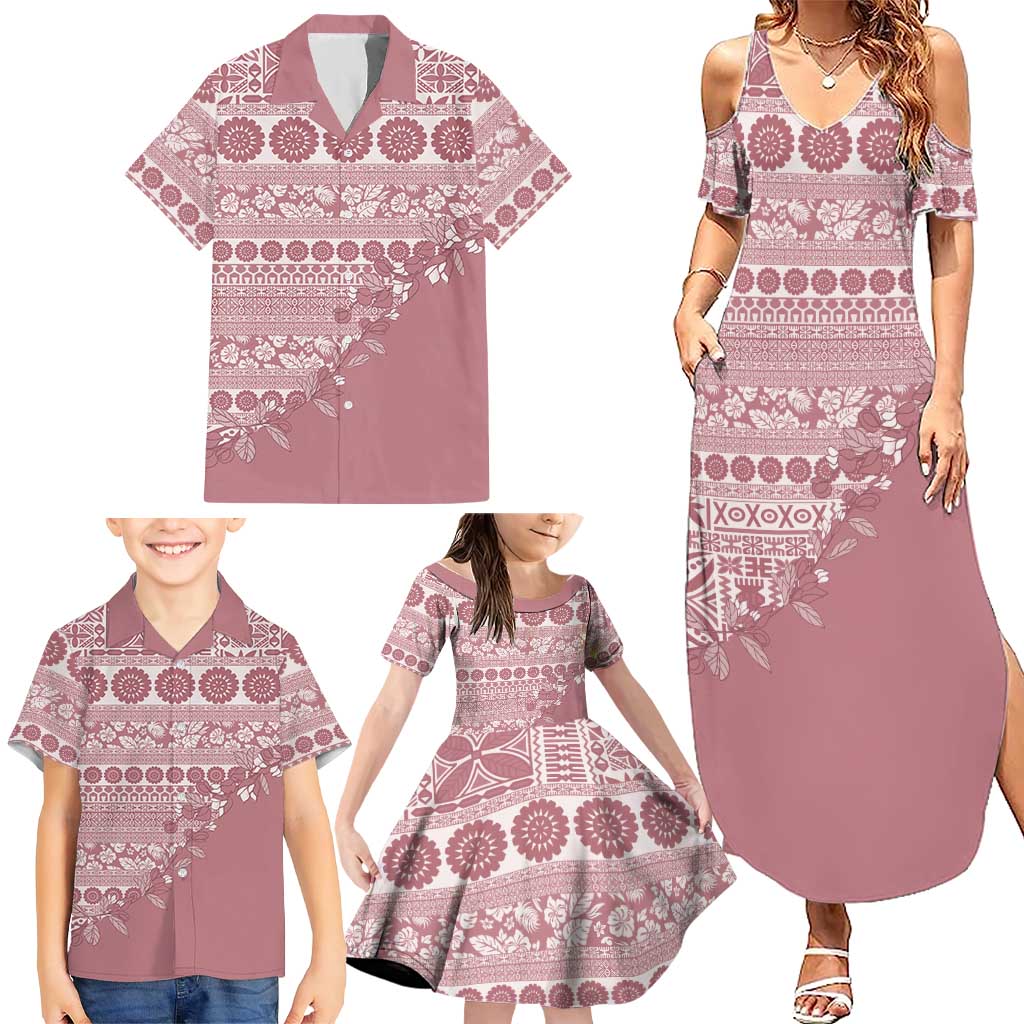 Fiji Marau na Kerisimasi Family Matching Summer Maxi Dress and Hawaiian Shirt Dusty Rose Tagimoucia Tapa Masi Tribal - Polynesian Pride