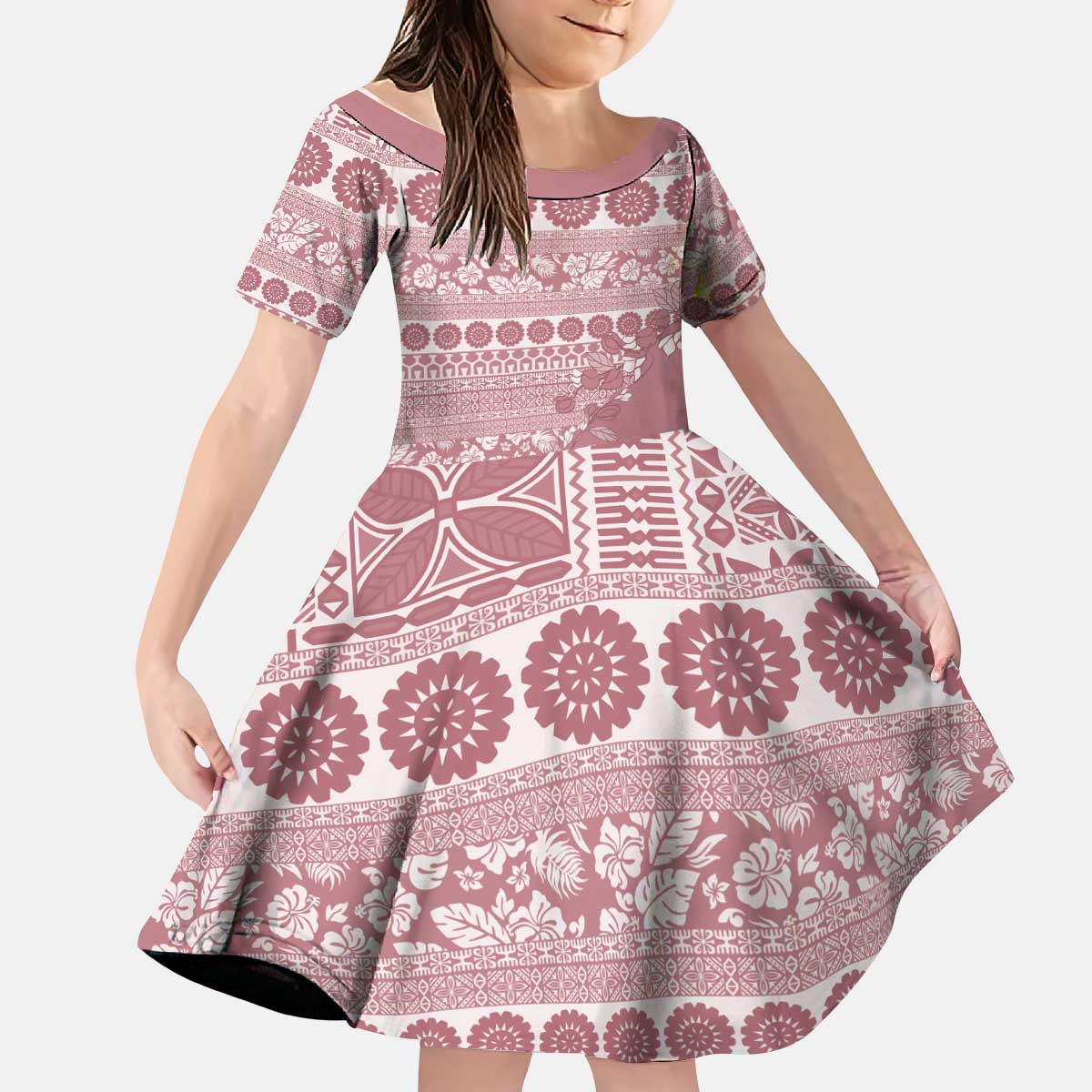 Fiji Marau na Kerisimasi Kid Short Sleeve Dress Dusty Rose Tagimoucia Tapa Masi Tribal LT9 KID Pink - Polynesian Pride