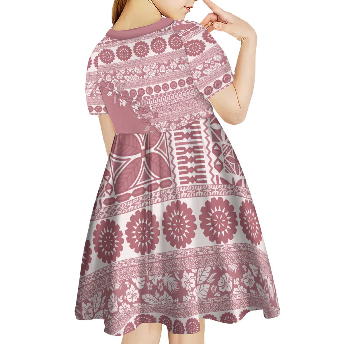 Fiji Marau na Kerisimasi Kid Short Sleeve Dress Dusty Rose Tagimoucia Tapa Masi Tribal LT9 - Polynesian Pride